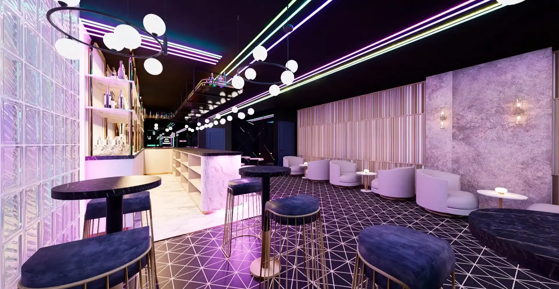 Discoteca contemporánea con techo iluminado por paneles LED en tonos neón rosa y blanco, combinados con un diseño sofisticado en negro. El contraste de luces y texturas crea una atmósfera vibrante y envolvente, perfecta para entretenimiento nocturno.