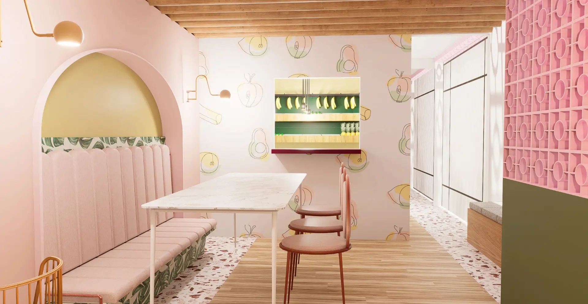 Instalación de estructura comercial en tonos rosados, mueble decorado con hojas verdes y sillas reflectantes. Espacio llamativo con identidad visual definida, ideal para locales con estilo personalizado.