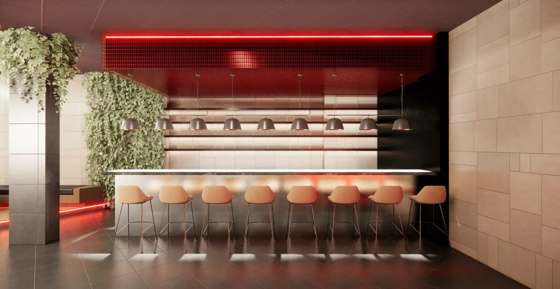 Pista de baile en club con luces LED neón en tonos violetas y azules, diseño interior de discoteca contemporánea con enfoque en ambientación inmersiva y tecnológica.