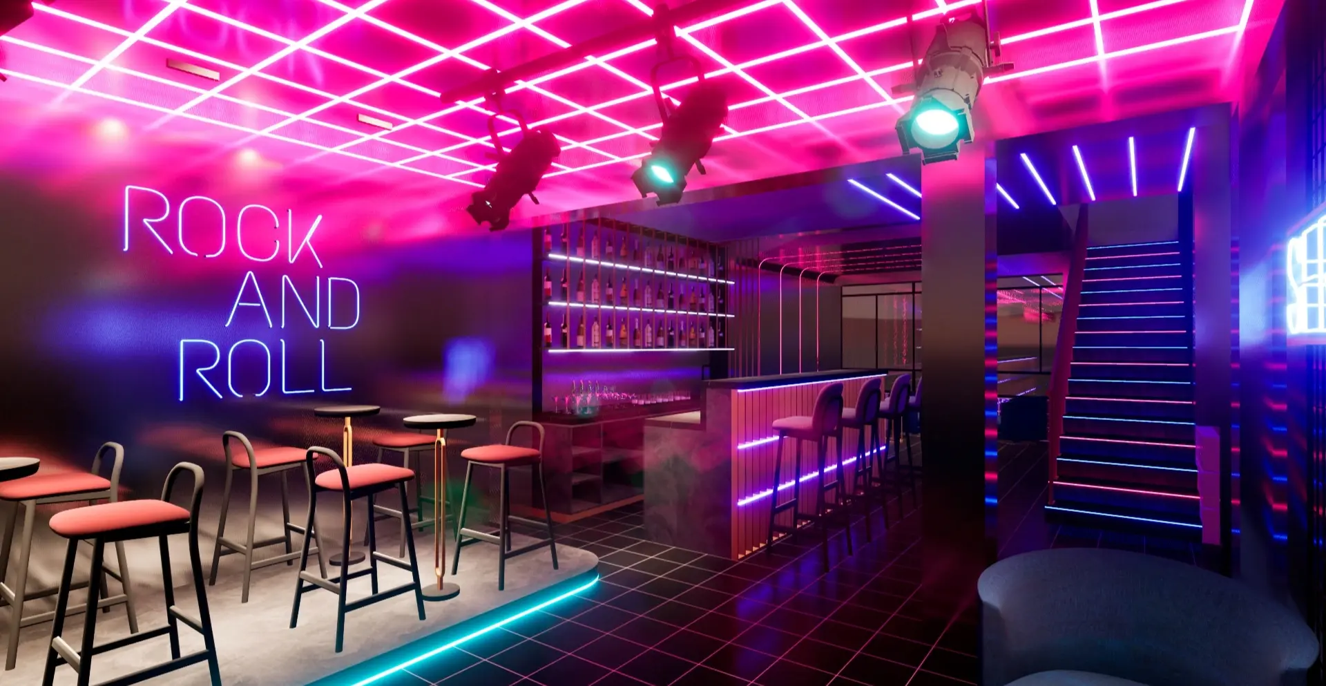 Área de barra con iluminación neón multicolor, diseño interior dinámico y techos con patrones geométricos LED; espacio ideal para discotecas o bares modernos con identidad visual impactante.